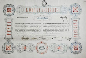 Pesti Kbnya Liget Trsasg rszvny 50 forint 1851