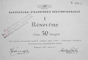 Rkoscsabai Strandfrd Rszvnytrsasg 50 peng 1931