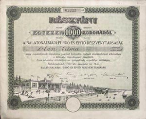 Balatonalmdi Frd s pt Rszvnytrsasg rszvny 1000 korona 1921