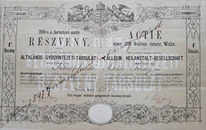 Els Magyar ltalnos Gygyintzeti-Trsulat rszvny 200 forint 1869