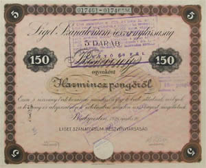 Liget Szanatrium Rszvnytrsasg rszvny 150 peng 1926
