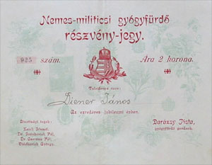 Nemes-Militicsi Gygyfrd rszvny-jegy 2 korona 1896