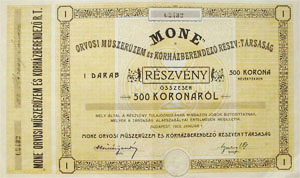 Mone Orvosi Mszerzem s Krhzberendez Rszvnytrsasg rszvny 500 korona 1923