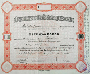 Balatonfredi Hitelszvetkezet zletrszjegy 1000x100 korona 1924 Balatonfred