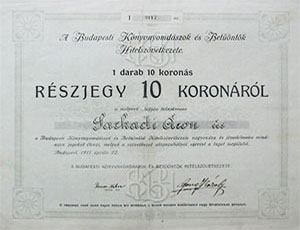 Budapesti Knyvnyomdszok s Betntk Hitelszvetkezete  rszjegy 10 korona 1917