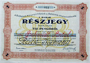Budapesti Knyvnyomdszok s Betntk Hitelszvetkezete  rszjegy 10 peng 1927