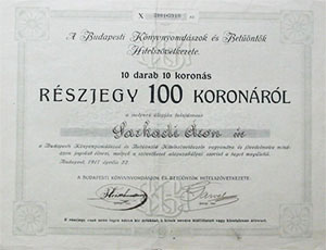 Budapesti Knyvnyomdszok s Betntk Hitelszvetkezete  rszjegy 100 korona 1917
