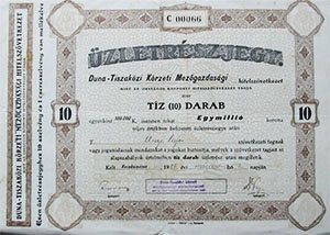 Duna-Tiszakzi Krzeti Mezgazdasgi Hitelszvetkezet zletrszjegy 10x100000 korona 1925 Kecskemt