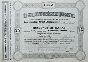 Duna-Tiszakzi Krzeti Mezgazdasgi Hitelszvetkezet zletrszjegy 25x100000 korona 1926 Kecskemt