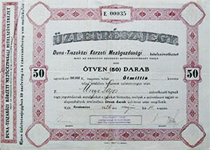 Duna-Tiszakzi Krzeti Mezgazdasgi Hitelszvetkezet zletrszjegy 50x100000 korona 1926 Kecskemt