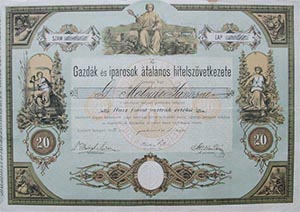 Gazdk s Iparosok ltalnos Hitelszvetkezete rszjegy 20 forint 1888