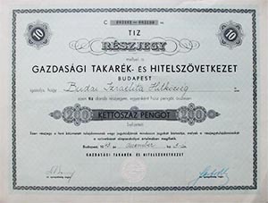 Gazdasgi Takark- s Hitelszvetkezet rszjegy 10x20 200 peng 1943