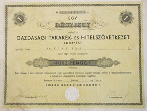 Gazdasgi Takark- s Hitelszvetkezet rszjegy 20 peng 1940