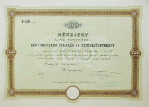 Kereskedelmi Takark- s Hitelszvetkezet rszjegy 100 korona 1904