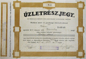 Mohcsi Ipari s Gazdasgi Hitelszvetkezet  zletrszjegy 40 peng 1941 Mohcs