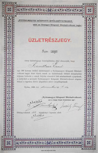 Nyitramegyei Kzponti Hitelszvetkezet zletrszjegy 100 korona 1899 Nyitra