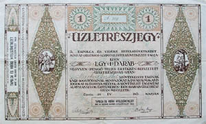 Tapolca s Vidke Hitelszvetkezet zletrszjegy 40 peng 1930
