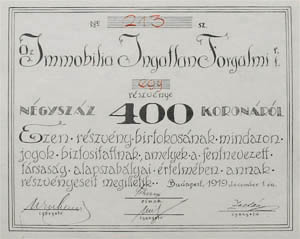 Immobilia Ingatlanforgalmi Rszvnytrsasg rszvny 400 korona 1919