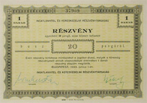 Ingatlanhitel s Kereskedelmi Rszvnytrsasg rszvny 20 peng 1943