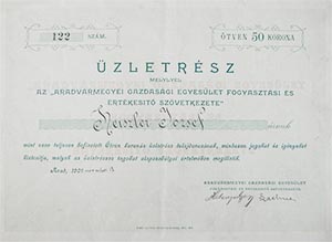 Aradvrmegyei Gazdasgi Egyeslet Fogyasztsi s  rtkest Szvetkezet zletrsz 50 korona 1900 Arad
