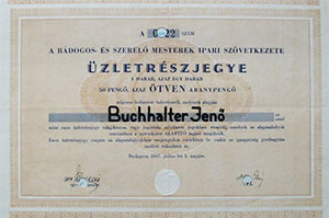 Bdogos- s Szerel Mesterek Ipari Szvetkezete zletrszjegy 50 aranypeng 1937