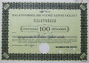 Balatonboglri Vzm Szvetkezet zletrsz 100 peng 1933