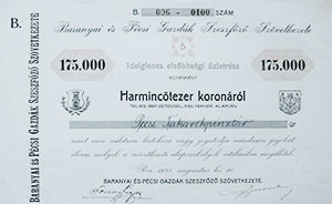 Baranyai s Pcsi Gazdk Szeszfz Szvetkezete ideglenes elsbbsgi zletrsz 175000 korona 1925 Pcs