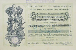 Bksi Kzponti Szeszfz Szvetkezet zletrszjegy 100 korona 1924