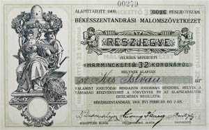 Bksszentandrsi Malomszvetkezet rszjegy 32 korona 1919 Bksszentandrs