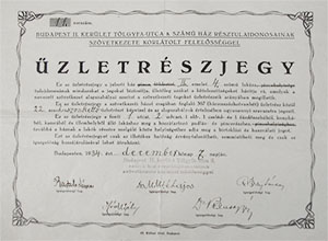 Budapest II. ker. Tlgyfa u. 8. sz. Hz Rsztulajdonosainak Szvetkezete zletrszjegy 1934