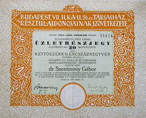 Budapest VII. Ilka u. 26. sz. Trsashz Rsztulajdonosainak Szvetkezete zletrszjegy 2940 peng 1927