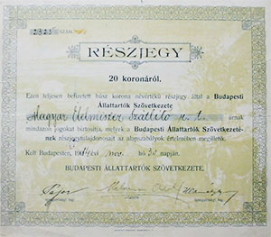 Budapesti llattartk Szvetkezete rszjegy 20 korona 1914