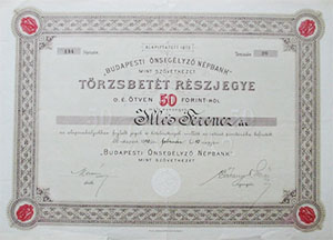 Budapesti nseglyez Npbank mint Szvetkezet trzsbett rszjegy 50 forint 1890