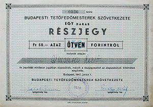 Budapesti Tetfedmesterek Szvetkezete rszjegy 50 forint 1947