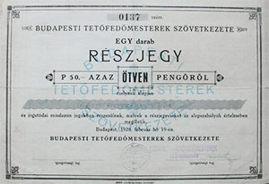 Budapesti Tetfedmesterek Szvetkezete rszjegy 50 peng 1928