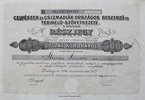 Czipszek s Csizmadik Orszgos Beszerz s Termel  Szvetkezete rszjegy 5x100 500 korona 1916