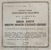 Debreceni Hangya Keresztyny Fogyasztsi s rtkest  Szvetkezet zletrsz 7 peng 1926