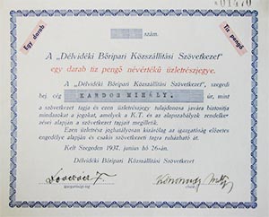 Dlvidki Bripari Kzszlltsi Szvetkezet zletrszjegy 10 peng 1937 Szeged