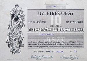 Dunaszekcs-szigeti Tejszvetkezet zletrszjegy 10 peng 1946