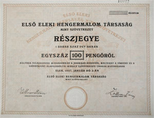 Els Eleki Hengermalom Trsasg Mint Szvetkezet rszjegy 100 peng 1927 Elek