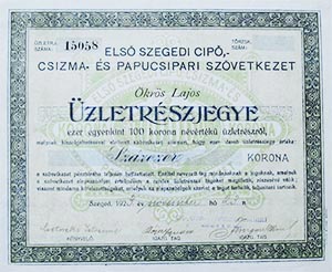 Els Szegedi Cip-, Csizma- s Papucsipari Szvetkezet zletrszjegy 1000x100 100000 korona 1923