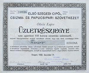 Els Szegedi Cip-, Csizma- s Papucsipari Szvetkezet zletrszjegy 100x100 10000 korona 1922