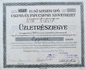 Els Szegedi Cip-, Csizma- s Papucsipari Szvetkezet zletrszjegy 10x100 1000 korona 1919