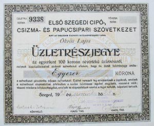Els Szegedi Cip-, Csizma- s Papucsipari Szvetkezet zletrszjegy 10x100 1000 korona 1923