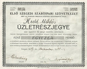 Els Szegedi Szabipari Szvetkezet zletrszjegy 100x10 1000 peng 1937