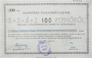 Felsdunntli Termelk Szvetkezete alapti zletrszjegy 100 peng 1937 Gyr