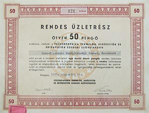 Fszerpaprika Termelk, Kiksztk s rtkestk Szegedi Szvetkezete rendes zletrsz 50 peng 1936 Szeged