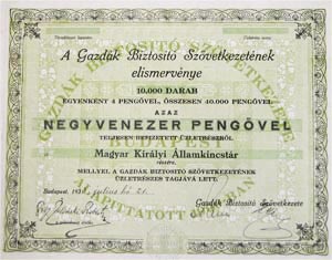 Gazdk Biztost Szvetkezete elismervny 10000x4 40000 peng 1933