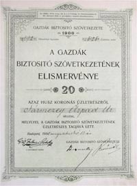 Gazdk Biztost Szvetkezete elismervny 20 korona 1900