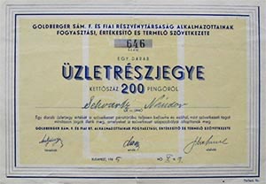 Goldberger Sm F. s Fiai Rszvnytrsasg Alkalmazottainak Fogyasztsi, rtkest s Termel Szvetkezete zletrszjegy 200 peng 1945